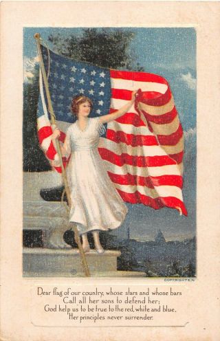 Lady Liberty With American Flag On Old Patriotic Postcard - Flag Series No.  4