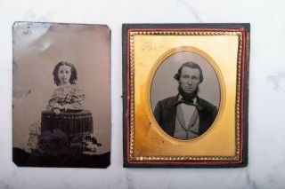 Rare Loose Tin Type Portrait Of Young Woman And Civil War Era Bearded Man