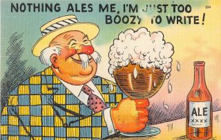 Fat Happy Drunk Man With Foaming Goblet Of Ale - Comic Old Linen Postcard - Tichnor