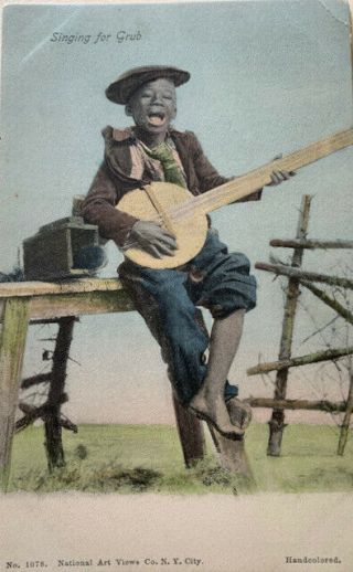 Vintage Postcard - African - American Boy Holding Large Fretless Banjo