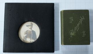 Antique Victorian Miniature Photo Album & Silk Framed Military Portrait Photo.