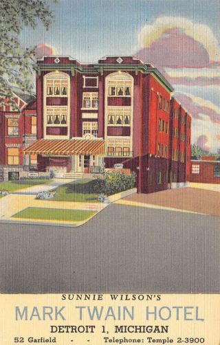 Detroit Michigan Mark Twain Hotel Vintage Postcard Cc1372