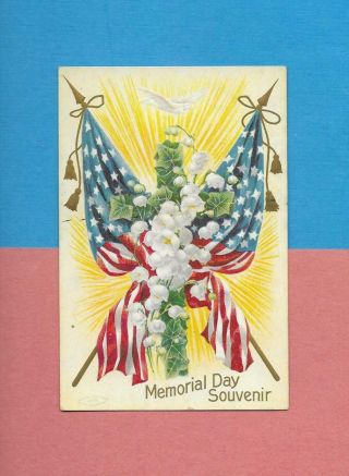 Am.  Flags,  Lilies - Of - The - Valley,  Memorial Day Vintage Patriotic Postcard