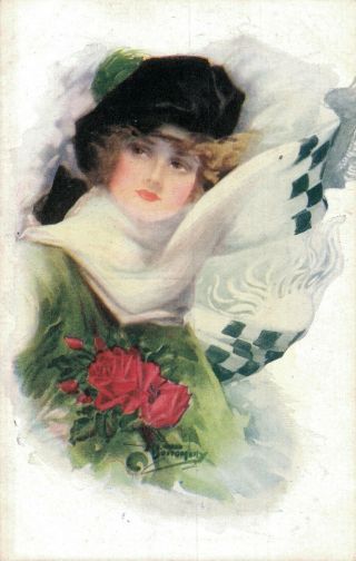 Art Deco Fashion Girl With A Rose Vintage Postcard 06.  72