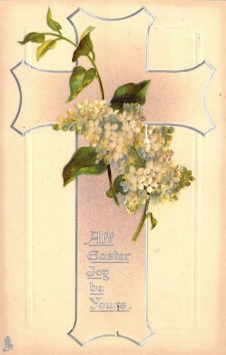 Tuck Embossed Cross And Flowers,  Easter Greetings,  Old Post Card