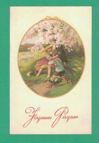 Vintage Pauli Ebner Easter Postcard Girl Boy Flowering Tree Sheep Basket Eggs