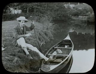 Antique Magic Lantern Slide Man With A Canoe C1910 Edwardian Photo