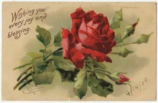 121820 Lovely Vintage A/s C Klein Red Rose Floral Greetings Postcard 1909
