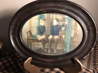 Antique Hand Tinted Photo Of 2 Boys On Bench In Metal Oval Frame 1920 