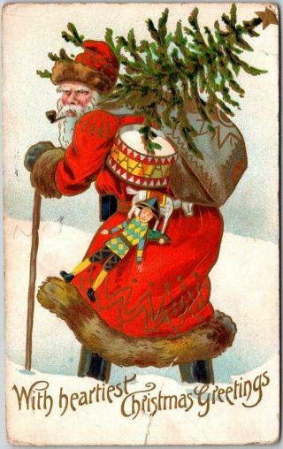 Vintage Christmas Postcard Santa Claus In Red Suit,  Smoking Pipe / 1909 Cancel