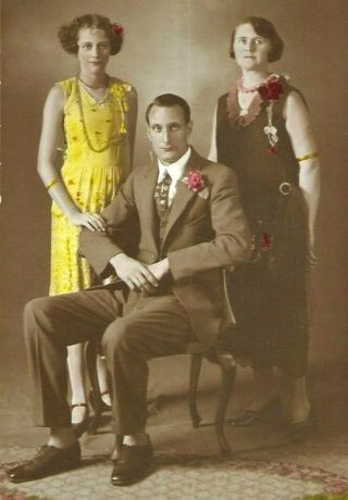 1910s - 1920s Hand Coloured Studio Photo Card Portrait Fashion Women Man