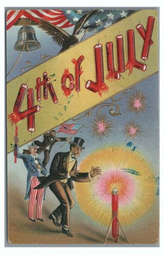 4th Of July Fourth Uncle Sam Firework Firecrackers Vintage Patriotic Postcard