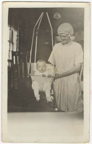 041721 Vintage Rppc Real Photo Postcard Baby In Jumper Swing With Mama