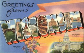 Greetings From Wisconsin Tichnor Large Letter Linen Postcard Vintage Post Card