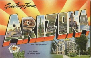 Greetings From Arizona Tichnor Large Letter Linen Postcard Vintage Post Card