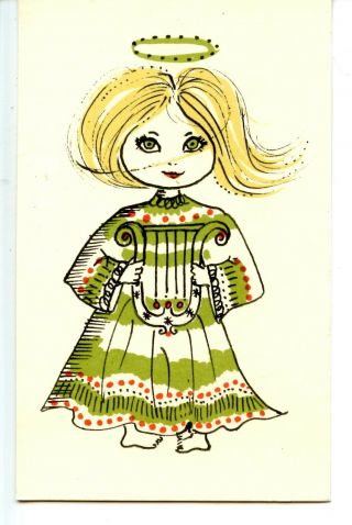 Cute Barefoot Angel W/ Harp - Blonde Little Girl - Halo - Artwork Vintage Postcard