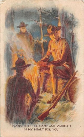 Army Soldiers Around Campfire Signed By Artist Archie Gunn - Old Military Postcard