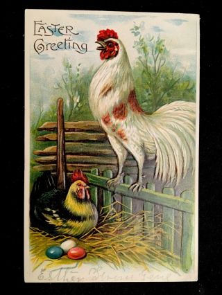 C1915 Easter Greetings,  Rooster And Hen With Colored Eggs Vintage Postcard