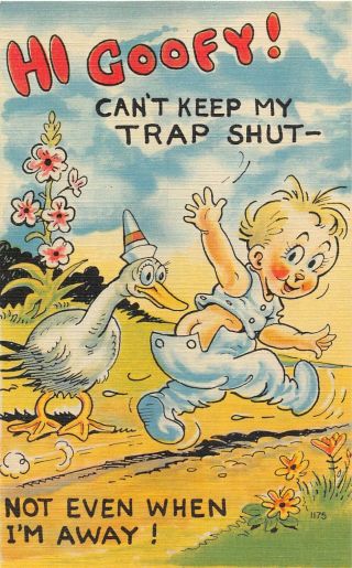 Bare - Bottomed Little Boy & Duck - Comic Old Linen Postcard - Can 