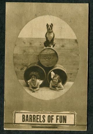 Barrels Of Fun,  Dog & 2 Girls Vintage Postcard