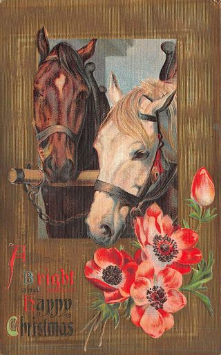 Vintage " A Bright & Happy Christmas " Embossed Greetings Postcard Two Horses