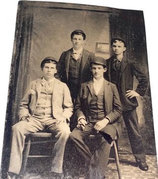Rare Antique Victorian American Young Men,  Bowler Hats & Cigars Tintype Photo