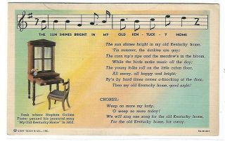 Vtg Post Card - The Song " My Old Kentucky Home " And Desk Where It Was Wrote