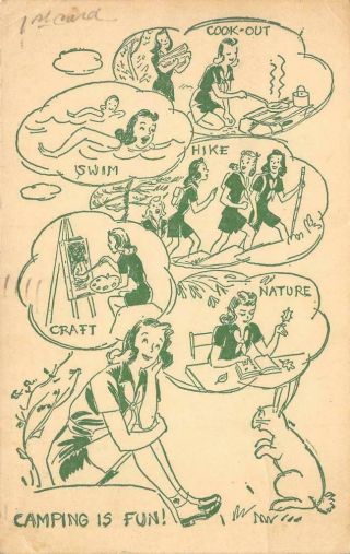 " Camping Is Fun " Swim,  Hike Girl Scouts Camp Comic 1948 Pa Vintage Postcard
