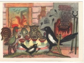 1967 Fairy Tale Magpie - Crow Cooked Porridge Owl Rooster Old Russian Postcard