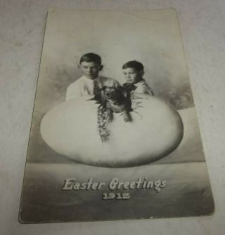 Vtg 1912 Real Photo Rppc Postcard Boys & Dog In Easter Egg
