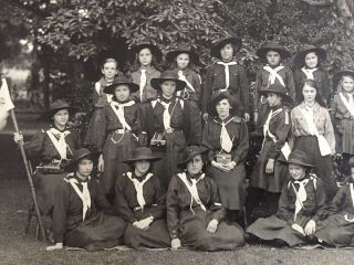 Antique Photograph Of Girl Guide Troop In Uniform With Flags Girl Scouts