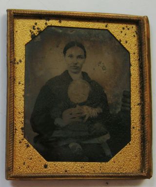 Antique Tintype Post Mortem ? Photo Of Mother & Child In Brass Frame & Liner