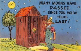 Smiling Full Moon Over Hillbilly By Outhouse - Comic Old Linen Pc - Many Moons Have
