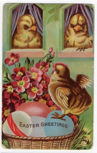 021821 Vintage Easter Postcard Baby Chicks In Windows Another Atop Egg Basket