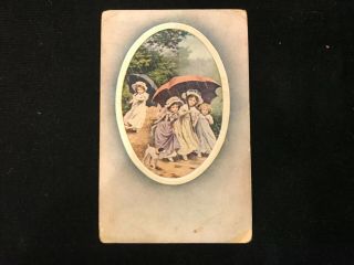 Vintage Picture Postcard :embossed Art Card Young Girls & Their Dog In The Rain