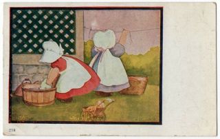 040720 Vintage A/s Corbett Sunbonnet Sue Twins Postcard Wash Day 1909