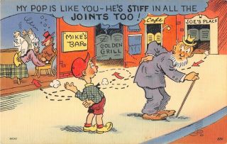 Old Comic Linen Pc - Boy Says To Old Man - My Pop Is Like You - Stiff In All The Joint