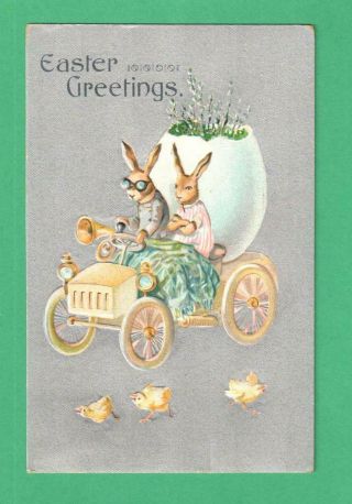 1909 Easter Fantasy Postcard Dressed Rabbits Drive Auto Goggles Huge Egg Chicks