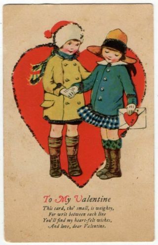 011421 Vintage Valentine Postcard Boy And Girl Hold Hands Big Red Heart