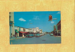 Fl Sarasota 1950 - 60s Era Postcard Shops & Vintage Automobiles On Main St Florida