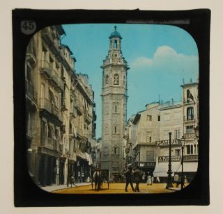 Antique Glass Magic Lantern Slide.  Spain: Valencia,  Street And Bell Tower.  C1890
