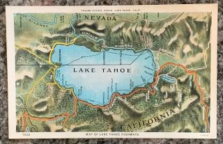 Vtg Postcard Lake Tahoe Map Lincoln Highway Sierra Nevada California Memorabilia