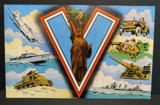 Wwii Era V For Victory,  Vintage Postcard War Scenes,  Statue Of Liberty