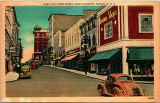 Vtg Linen Postcard - Asheville North Carolina Nc - Haywood Street Looking North