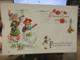 Old Antique Victorian Era Merry Christmas Postcard Snowball Horn Sled Children