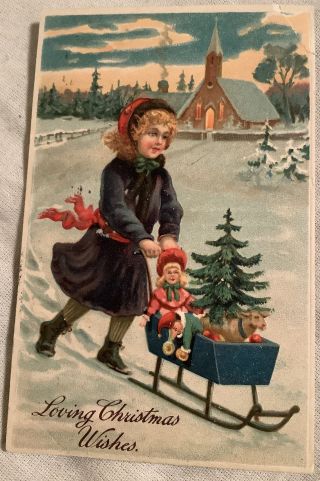 Vintage Christmas Postcard Girl Pushing Sled With Toys Germany Embossed