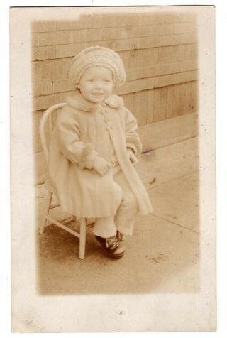 102220 Vintage Rppc Real Photo Postcard Little Girl On Chair In Coat And Hat