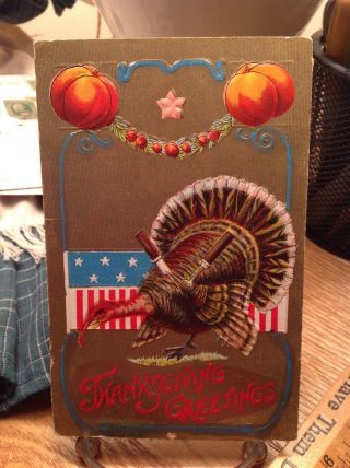 Vintage Patriotic Thanksgiving Postcard Turkey With Knife & Fork In Back