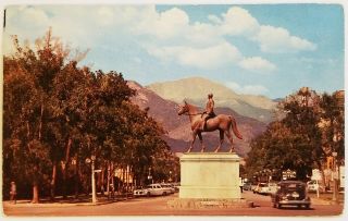 Pikes Peak And W.  J.  Palmer Statue Colorado Springs Postcard Horse Old Cars