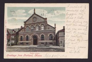 Old Vintage 1904 Postcard Of Greetings From Portland Maine Public Library